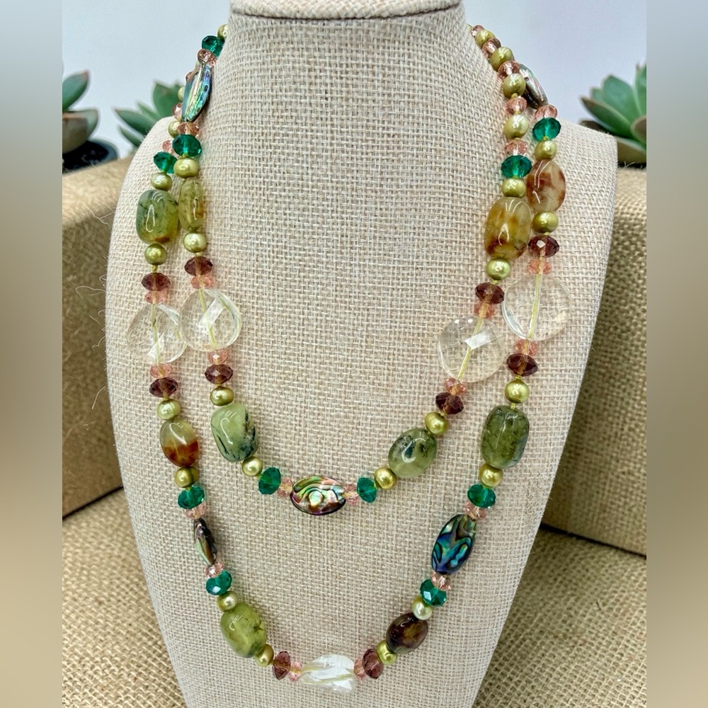 One Of A Kind Artisan Abalone Moss Agate Quartz Pearl 40” Necklace 925 Gemstone - Picture 9 of 17